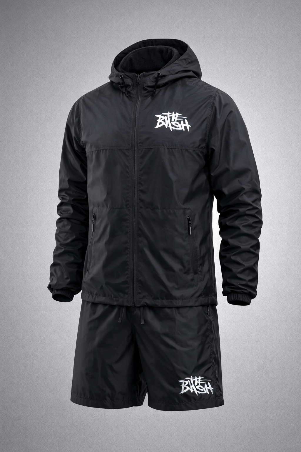 Black Windbreaker with a bold white logo
